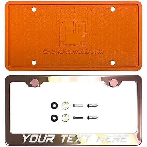 Laser Etched Customized Custom Personalized Silicone Back Guard License Plate Frame Rose Gold Mirror Chrome Electroplating Aluminum Screw On Cap Cover, T304 Stainless Steel (Qty: 1 Frame) Cover