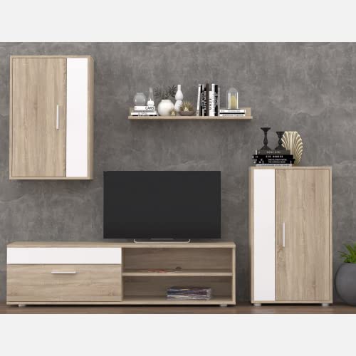 Miroytengo Mueble de salón Modular Barato Mini Acabado en Color Roble Sonoma y Blanco diseño Moderno con Mueble TV y Columna Lateral