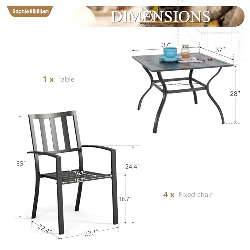 Image of Sophia & William 5 PCS Patio Table and Chairs Set,37 inch Black Square Table | Stackable Chairs w / Umbrella Hole,Weather-Resistant,E-Coated,Perfect For Patio,Garden and Yard