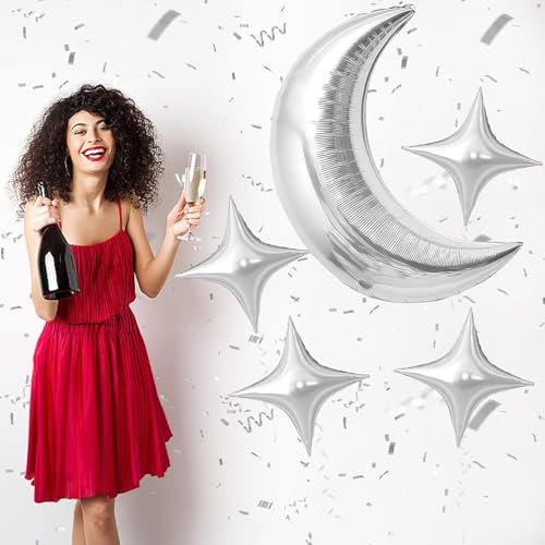 Image of Toys Treasure 5pcs Large 36 inch Metallic Moon + 18 inch Silver Star Foil Balloons - Birthday Graduation New Year Party (Silver Moon Star 5pcs)