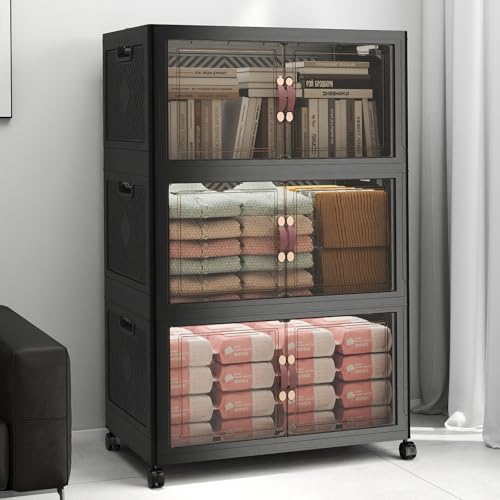 Image of UAMFURI Stackable Storage Bins with Lids, 360QT Lockable Storage Cabinet | Folding Storage Box with Doors and Wheels, Collapsible Plastic Drawers for Home, Garage, Office