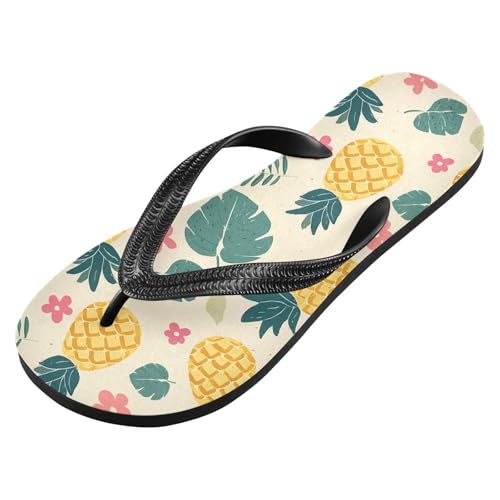 ALAZA Cute Pineapple Leaves Flip Flops for Women Fashion Beach Slippers Comfort Mens Flip Flops Non-Slip Rubber Shower Slippers Sandal for Hotel Travel Sport,XS2