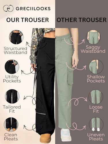 Image of GRECIILOOKS Cargo Pants for Woman | Trousers for Womans |High Waist Cotton Trouser Flared Parachute Pants with Side Pockets |Womens Cargo Pant | Elegant for College & Events (Available in Plus Size)