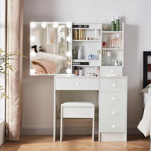 Sdoitltd Vanity Desk with Mirror and 10 Lights, Makeup Table with 7 Drawers, 3 Color Modes Available for Bedroom, White Dressing Table with Chair for Girls and Women