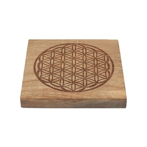 NKlaus Blume des Lebens Untersetzer aus Mangoholz 12,5×12,5 cm – dekorativ graviert, rutschfest mit Gummifüßen, ideal für Tassen, Kristalle, Teekannen 16758