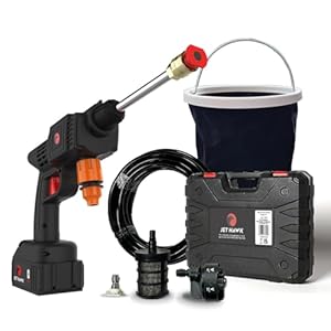 Jet Hawk High-Pressure Washer Bundle - Includes Jet Hawk, 300Mah Additional Battery & 11L Collapsible Bucket – Spray Nozzles, 5m Hose, Hose Connector, Soap Dispenser Bottle & Hard Carry Case