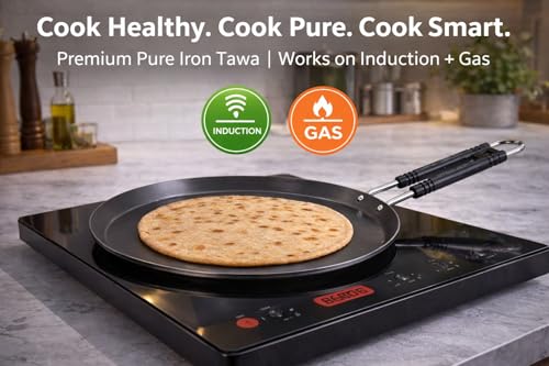 Image of Pure Iron Induction Tawa 10 inch Diameter for Roti, Chapati & Dosa with Steel Handle | Heavy Iron Tava with Health Benefits | Non-Toxic, No Chemical Layer | Induction & Gas Compatible, 1.3 KG