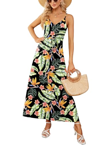 Image of HUSKARY Womens Summer Sleeveless V Neck Spaghetti Strap Pockets Beach Boho Vacation Casual Spring Maxi Dress