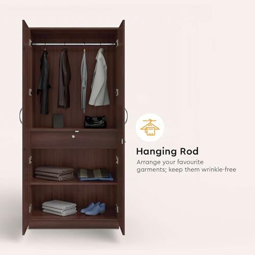 Image of Interio by Godrej Wardrobe EWA 2-Door Engineered Wood Wardrobe for Clothes (Brown), 1-Year Warranty, 2 Shelves, 1 Drawer