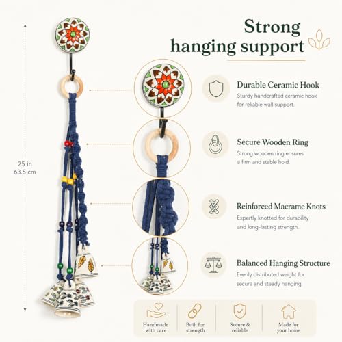 Image of KAAMERI BAZAAR Macrame Wind Chimes Enhance Living Space for Diwali (4 Bells, 1 Ring Tied with Blue Macrame Thread)