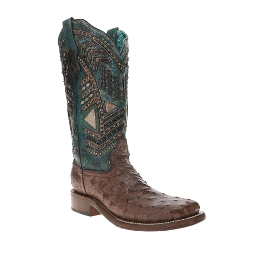 CORRAL LADIE'S BROWN/TURQUOISE OSTRICH OVERLAY & EMBROIDERY & STUDS & WOVEN SQ. TOE, LEATHER WITH RUBBER INSERT SOLE, WESTERN A40592