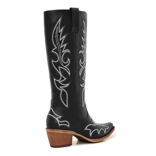 Image of Uillnoodu Women's Turquoise Cowgirl Boots - Wide Calf Mid Calf Western Boots Plus Size Embroidered Cowboy Style with Block Heel