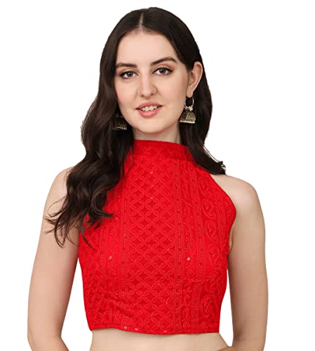 Image of Pujia Mills Women's Halter Neck Chickenkari Work Readymade Saree Blouse