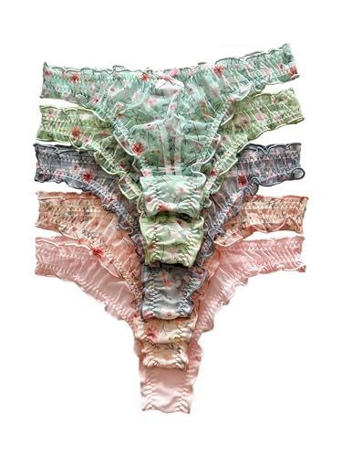 Image of SHENHE Women's 5 Packs Floral Lettuce Trim Bow Low Rise Cute Thong Panties Underwear