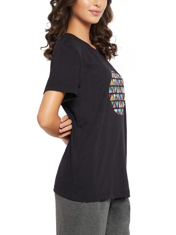 Image of Clovia Women's Cotton Emoji Print T-Shirt in Black