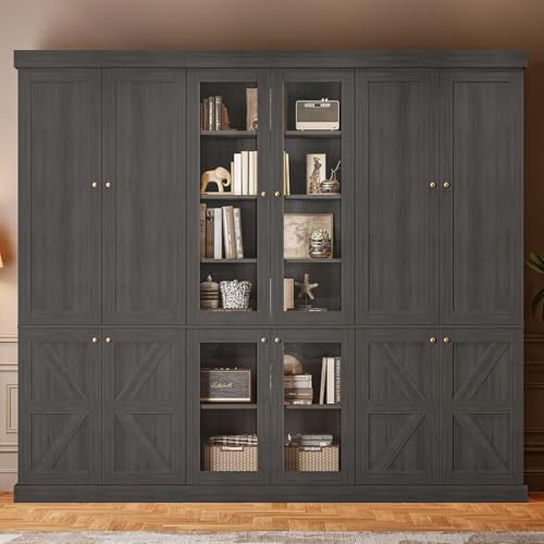 Image of ivaniti 70.8 inch Tall Farmhouse Bookshelf, Modular Bookcase with Glass Doors, 6-Tier Adjustable Shelves, Large Storage Cabinet for Study or Home Office, Black, Set of 3