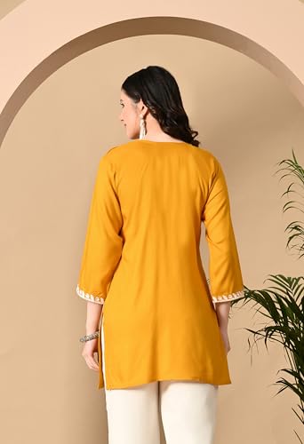 Image of LIBOZA Women's Chikankari Embroidered Short Kurti, Rayon Fabric, Three-Quarter Sleeves, Available in Pink, Black, Mustard Yellow, White, Pista and Green