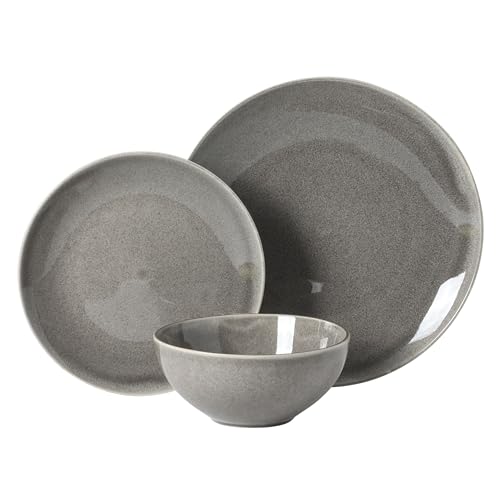 Image of Gibson Elite Castle Peak Plates and Bowls Set, 12-Piece Dinnerware Set, Grey Reactive Glaze Stoneware Dishes, Dinner Plates, Salad Plates & Cereal Bowls