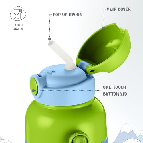 Image of Milton Steel Indus 600 Thermoware PU Insulated, 500 ml Water Bottle with Straw for Kids, Leak Proof Flip Top Sipper Lid Bottle, School, Picnic, Easy to Carry Belt, Sky Blue
