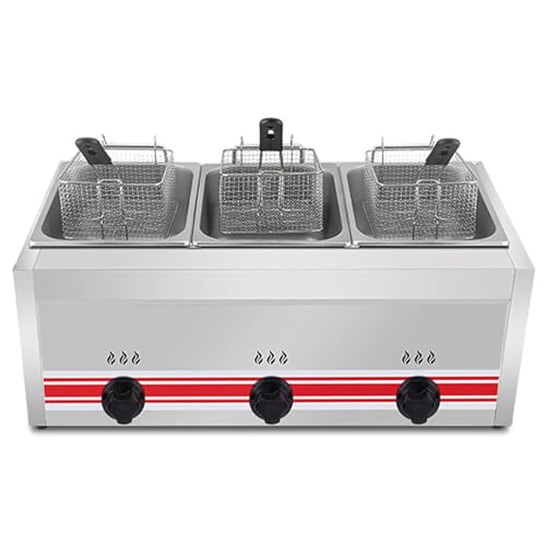 KJZQXYX Freidora de Gas de Gran Capacidad, freidora de GLP de Acero Inoxidable para el hogar y Comercial, Potencia de Fuego Ajustable, con cestas, Tapas, para Papas Fritas (30L)
