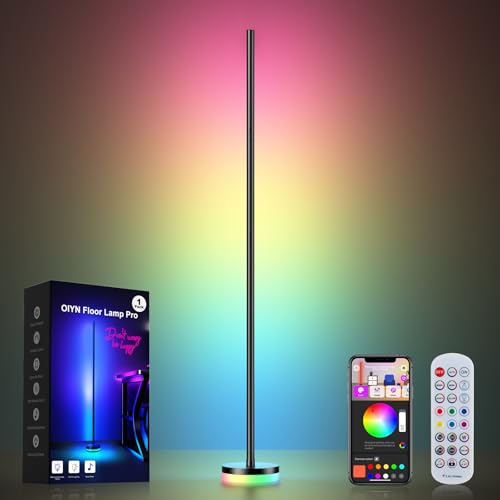 RGBICW LED corner floor lamp with remote control, showcasing vibrant multicolored lighting and modern design, featured in smart home guide for enhancing connected living spaces.