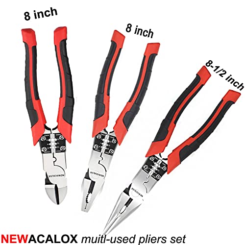 Industrial Plier Set, NEWACALOX 3pcs Heavy Duty Combination Pliers Side Cutting Pliers, Red