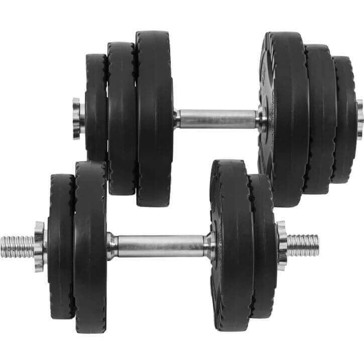 GORILLA SPORTS® Kurzhanteln 30 kg, 2er Set, 30 mm, Kunststoff, Gerändelt | Mit 2 Kurzhantelstangen, 4 Sternverschlüssen und 10 Hantelscheiben: 4 x 1,25 kg, 4 x 2,5 kg, 2 x 5 kg; Hantelset