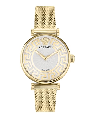 Versace Greca Chic Collection Luxury Womens Watch Timepieces with a Gold Bracelet and Case Featuring a Silver Dial