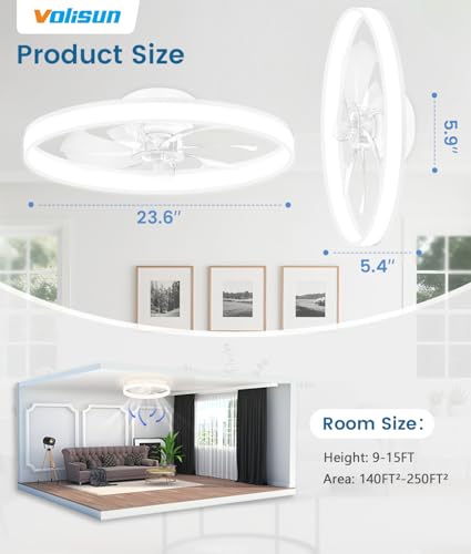 Image of VOLISUN Low Profile Ceiling Fans with Lights and Remote, 24in Fandelier Ceiling Fan Flush Mount, 3000K-6500K Smart Bladeless LED Fan Light, White Modern Ceiling Fans with Lights for Bedroom