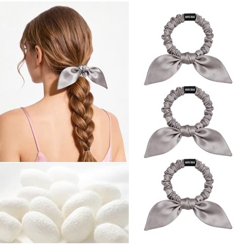 Image of THXSILK 100% Mulberry Silk Bow Scrunchies 3-Pack, 22 Momme Mulberry Silk Hair Ties for Women, Cute Bunny Ear No Damage Ponytail Holders, Fashion Hair Accessories for Girls(S, Grey)