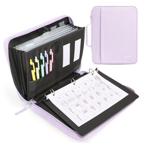 SUNEE Zipper Binder 1 Inch Removable 3-ring binder 175-Sheet Capacity 5-Tab Dividers Expanding File Folder Small Binder Bag Organizer Storage for Student School Classroom Supplies Lavender Purple