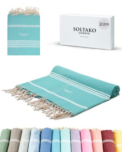 SOLTAKO Toalla Turca Grande Peshtemal Fouta Beach Bath Gym Fitness SPA Yoga Hammam Toalla Piscina Picnic 100% Algodón Toalla Playa Ligera Arena Anti 200x200 cm Regalo Fouta Playa Cover