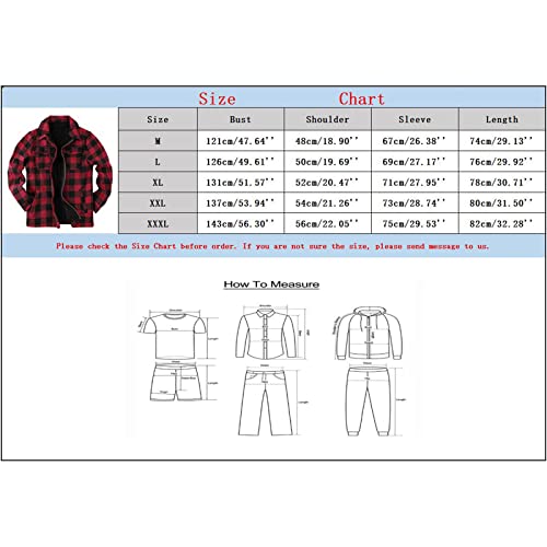 Herren Flanelljacke Jacke Kariert Flanellhemd Karohemd Thermohemd mit Reißverschluss Fleece Gefüttert Winterjacke (Rot, XL)