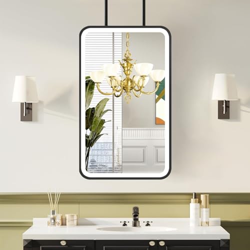 Espejo iluminado colgante de metal｜Espejos LED montados en el techo Espejos de afeitar de maquillaje de baño grandes｜Espejo suspendido flotante para entrada de sala de estar de dormitorio(40cmx70cm)