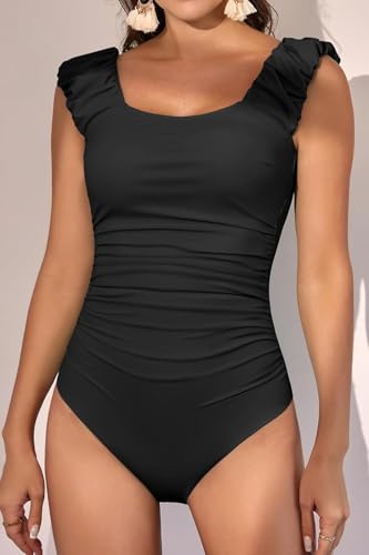 Eomenie Womens One Piece Swimsuits Puffy Sleeves Tummy Control Bathing Suit Tie Back Swimwear2