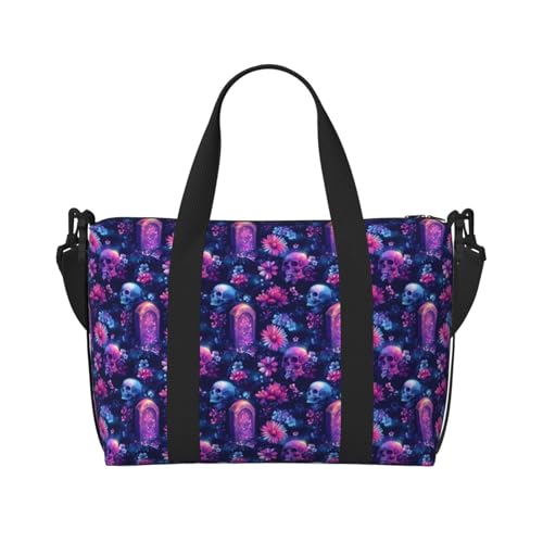 Travel Duffle Bags For Women Men - Colorful Flower Skull Print Personal Item Weekender Overnight Gym Carry On Airport Tote Bag With Strap For Yoga, Travel, Business Trips