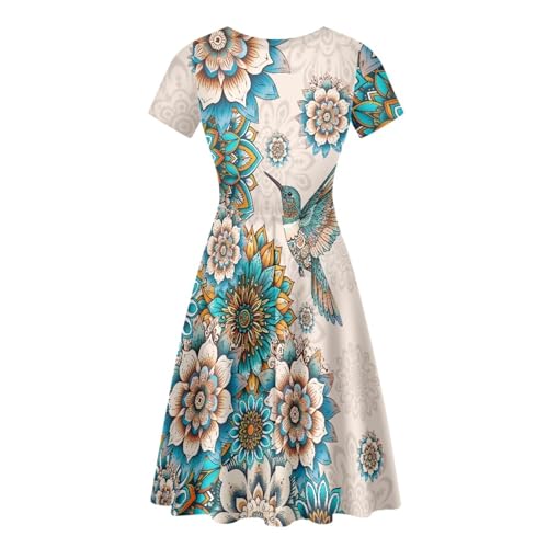 Image of HUGS IDEA Womens Puffy Swing Midi Dress Round Neck Short Sleeve Party A-Line Dresses