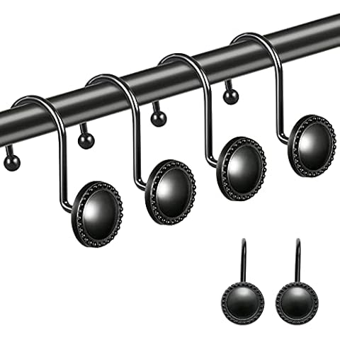 Black Shower Curtain Hooks Rings, Decorative Shower Curtain Hooks, Rust Resistant Shower Hooks for Bathroom Curtain, Glide Shower Rings for Shower Curtain, Set of 12 Cover