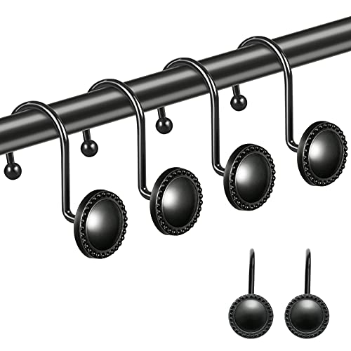 Black Shower Curtain Hooks Rings, Decorative Shower Curtain Hooks, Rust Resistant Shower Hooks for Bathroom Curtain, Glide Shower Rings for Shower Curtain, Set of 12
