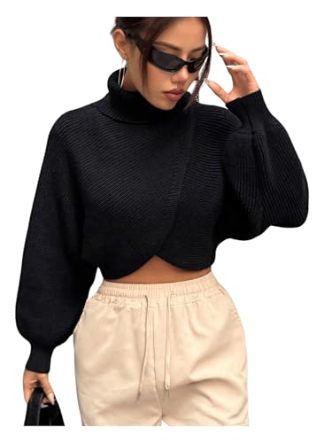 SOLY HUX Sweaters for Women Turtleneck Wrap Asymmetrical Hem Knit Cropped Pullover Tops Bishop Long Sleeve Fall Sweater