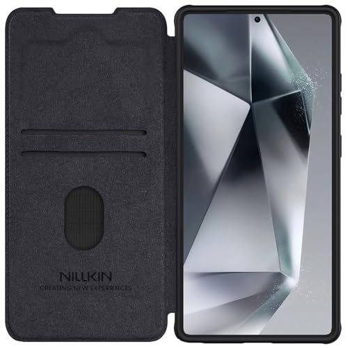 Image of Nillkin Case for Samsung Galaxy S25 Ultra (6.8 inch Inch) Qin Pro Camshield Camera Slider Genuine Classic Leather Flip Folio + Card Slot Black Color