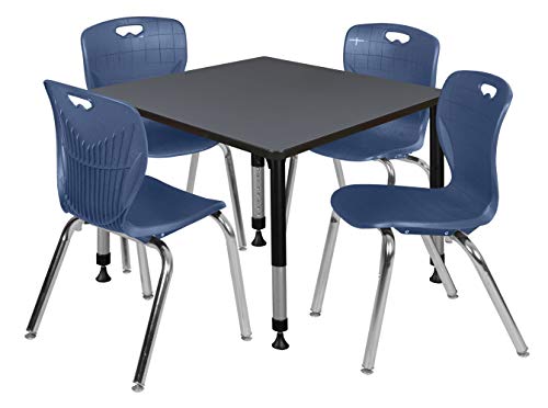 Romig Trek 42 in. Square Adjustable Classroom Table- Grey & 4 Andy 18 in. Stack Chairs- Blue