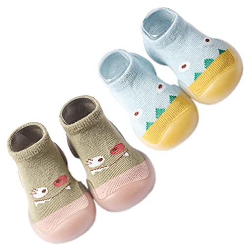Chicone 2 Pairs Baby Socks Anti Skid Rubber Soft Sole Infant Slippers Prewalker Shoes (Green&Blue, 12-18 Months) 12 Months