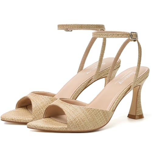 Image of Susanny High Heels for Women Pointed Open Toe Strappy Chunky Block Heels Ankle Strap Stiletto Kitten Heeled Sandals Wedding Bridal Party Prom Sexy Dress Shoes