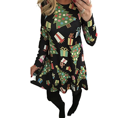 eBoutik Vestido festivo de Navidad para mujer 2023 - Vestido de mujer con vuelo (árbol y regalos, L) Cover
