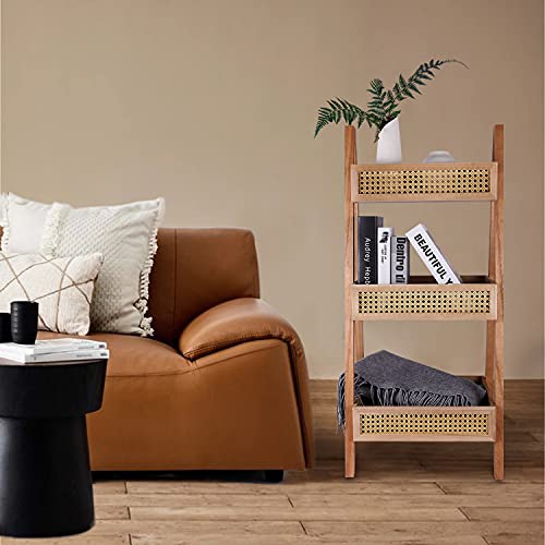 Zybt Ladder Bookshelf, 3-Tier Rattan Bookshelf, Free Standing Bookcase, Blanket Ladder, Wood Organizer Storage Shelves For Living Room Bedroom Kitchen Bathroom Balcony And Home Office #TOP3