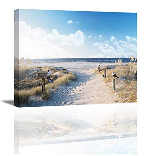 Piy Painting Peinture sur toile de bord de mer, plage, sable, Ciel bleu, Oiseaux, Littoral Paysage naturel Tableau décoration moderne imprimé sur toile pour Chambre Cuisine Bar 40x30cm 1 pièce