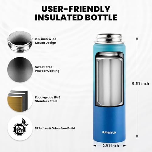 Image of RAYMYLO Insulated Water Bottle 20 oz, Triple Wall Vacuum Stainless Steel (Cold for 24Hrs, Hot for 12Hrs), Leak Proof & Non-BPA, Modern Water Bottle Jug for School with Straw Spout Lids