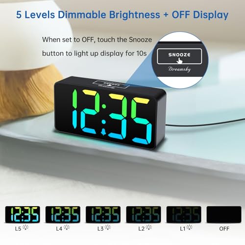 Image of DreamSky Small Digital Alarm Clocks for Bedrooms - RGB Electric Alarm Clock for Kids Bedside Nightstand, Desk Clock with Large Numbers, Dimmer, Adjustable Alarm Volume, USB Port, USB-C Adapter Powered
