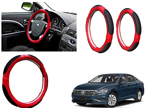 Image of Microfiber Car Steering Wheel Cover, Soft Padding Great Hand Feel, Anti-Slip, Faux Leather Steering Cover for Volkswagen Jetta | Black Red Jali - Pack of 1